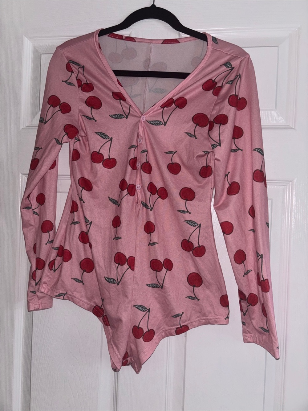 Juniors Pink Long Sleeve Romper Onesie Pajama Cherry Print Sweet Text